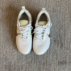 Women White Sneakers with Gold  Swoosh and Neon Yellow Accent on tongue